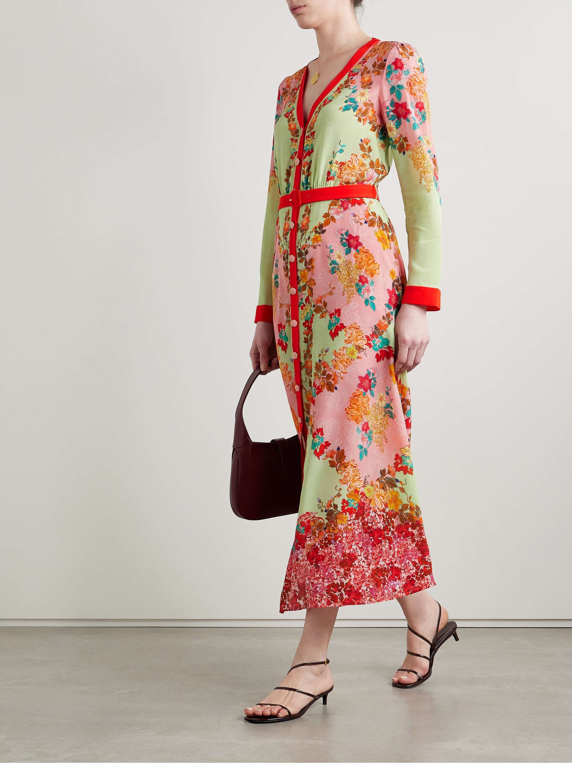 SALONI Lea belted printed silk crepe de chine maxi dress