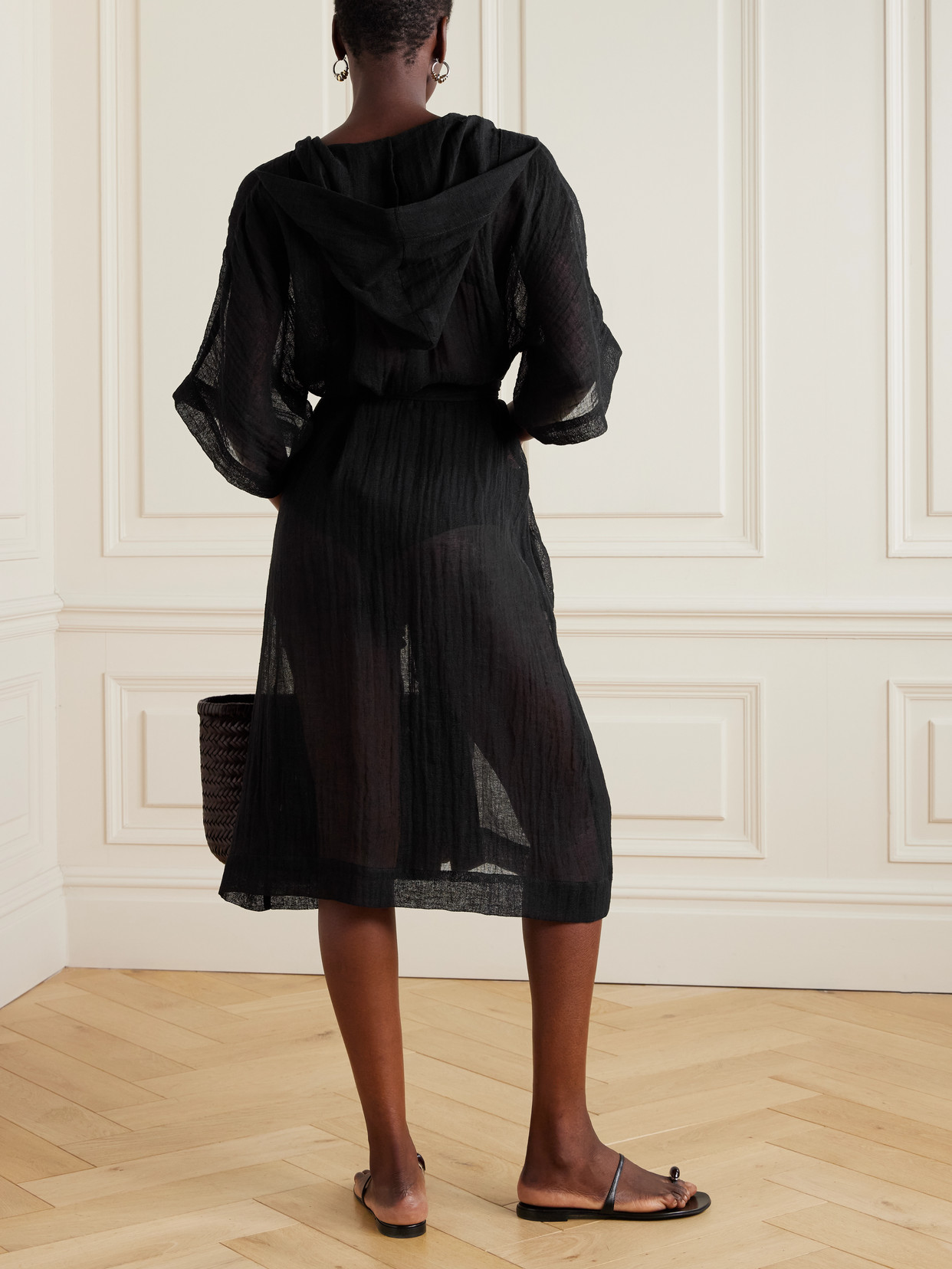 Lisa Marie Fernandez Sorrento Hooded Belted Linen-blend Gauze Coverup In Black
