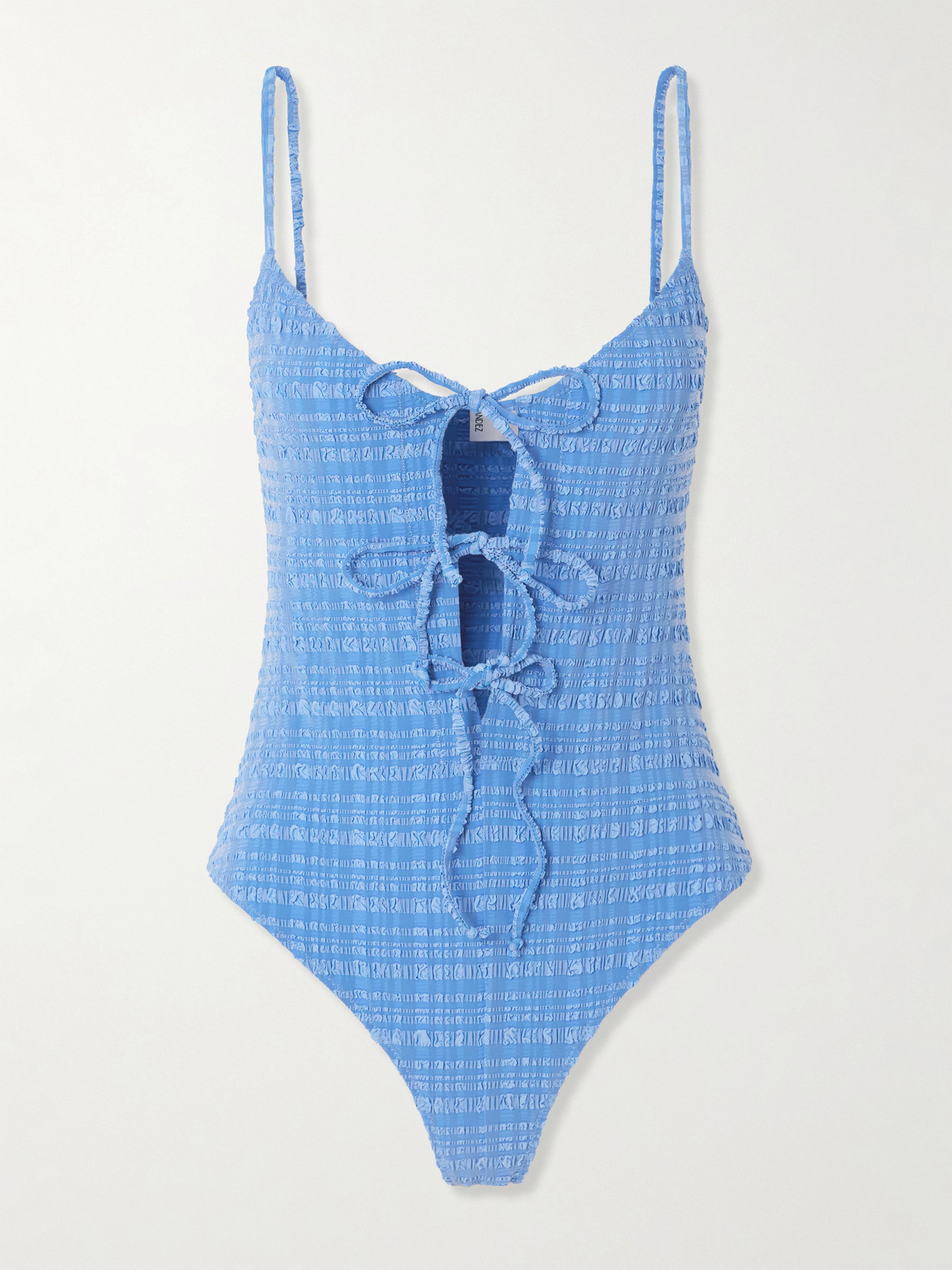 Lisa Marie Fernandez Tie-detailed Striped Seersucker Swimsuit In Blue