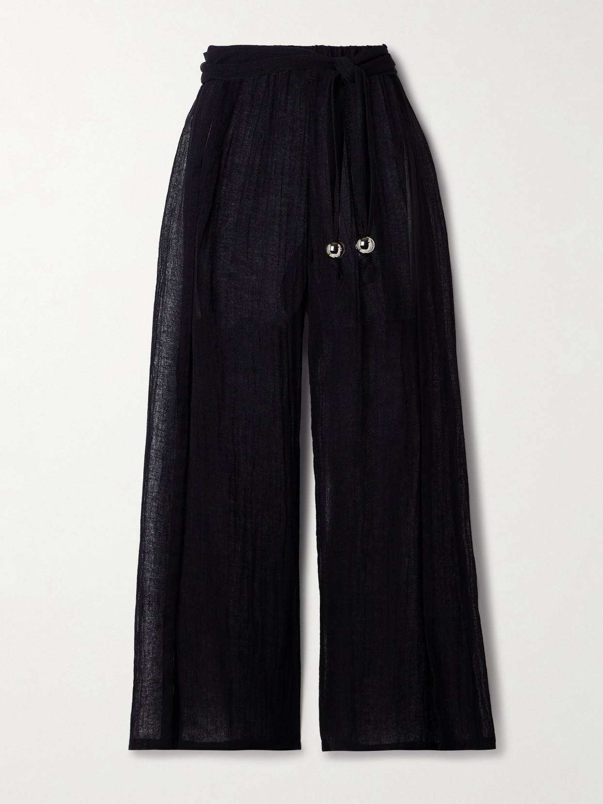 Lisa Marie Fernandez Embellished Belted Crinkled Linen-blend Gauze Wide-leg Pants In Black