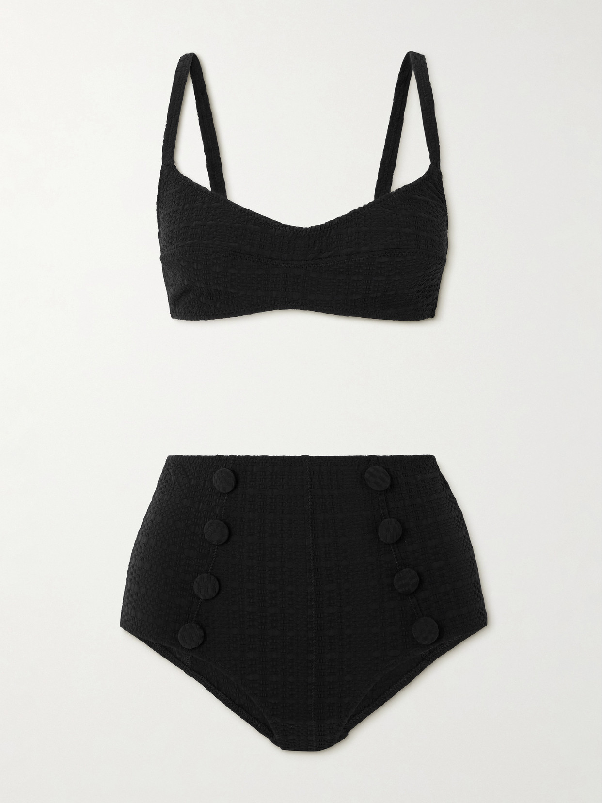 Lisa Marie Fernandez Button-embellished Seersucker Bikini In Black