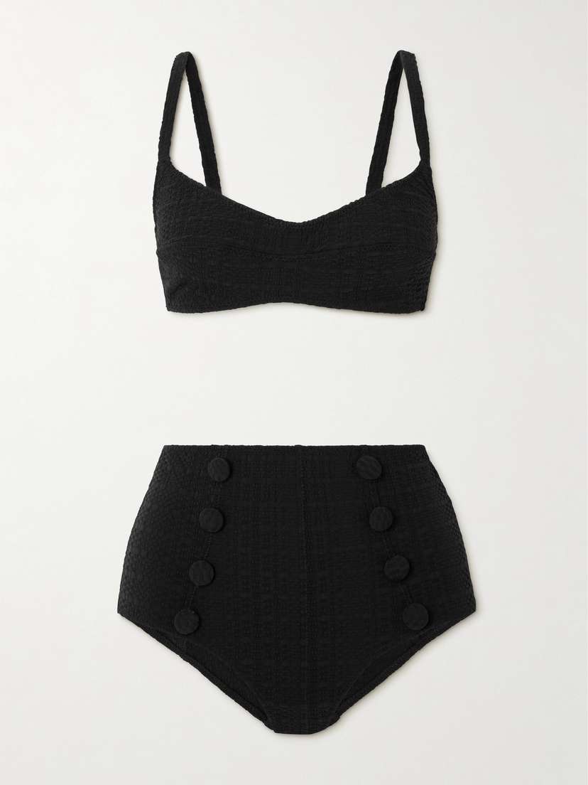 Lisa Marie Fernandez Button-embellished Seersucker Bikini