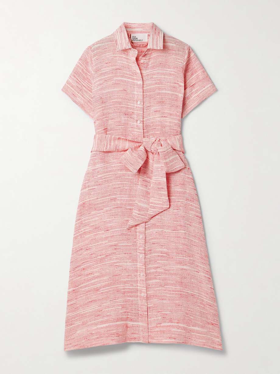 belted linen-blend gauze midi shirt dress