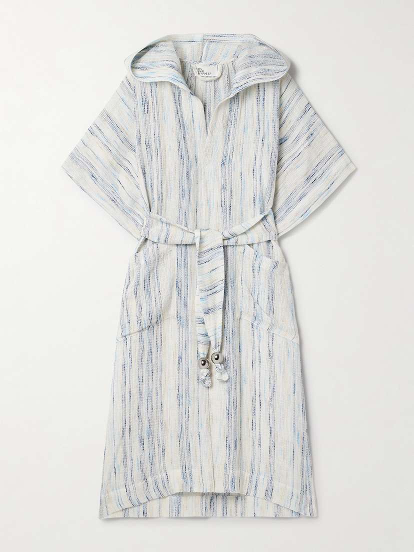 Lisa Marie Fernandez Embellished Belted Striped Linen-blend Gauze Hooded Coverup