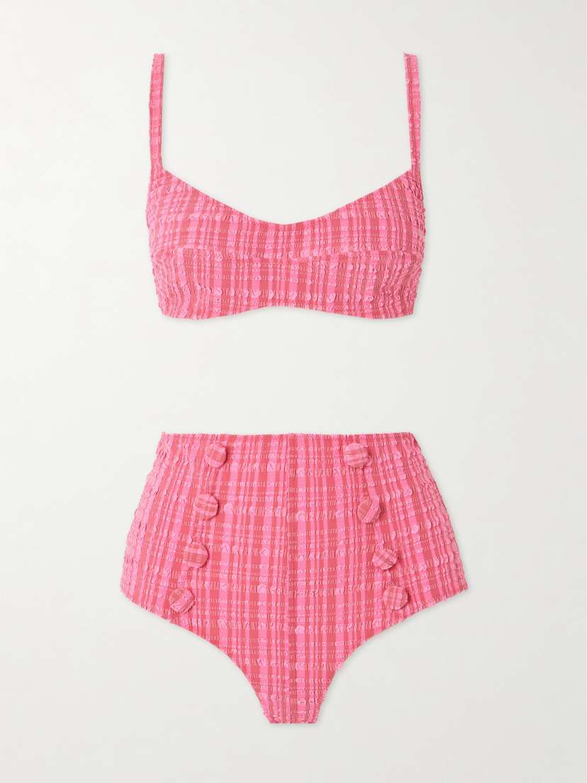 Lisa Marie Fernandez Button-embellished Striped Seersucker Bikini