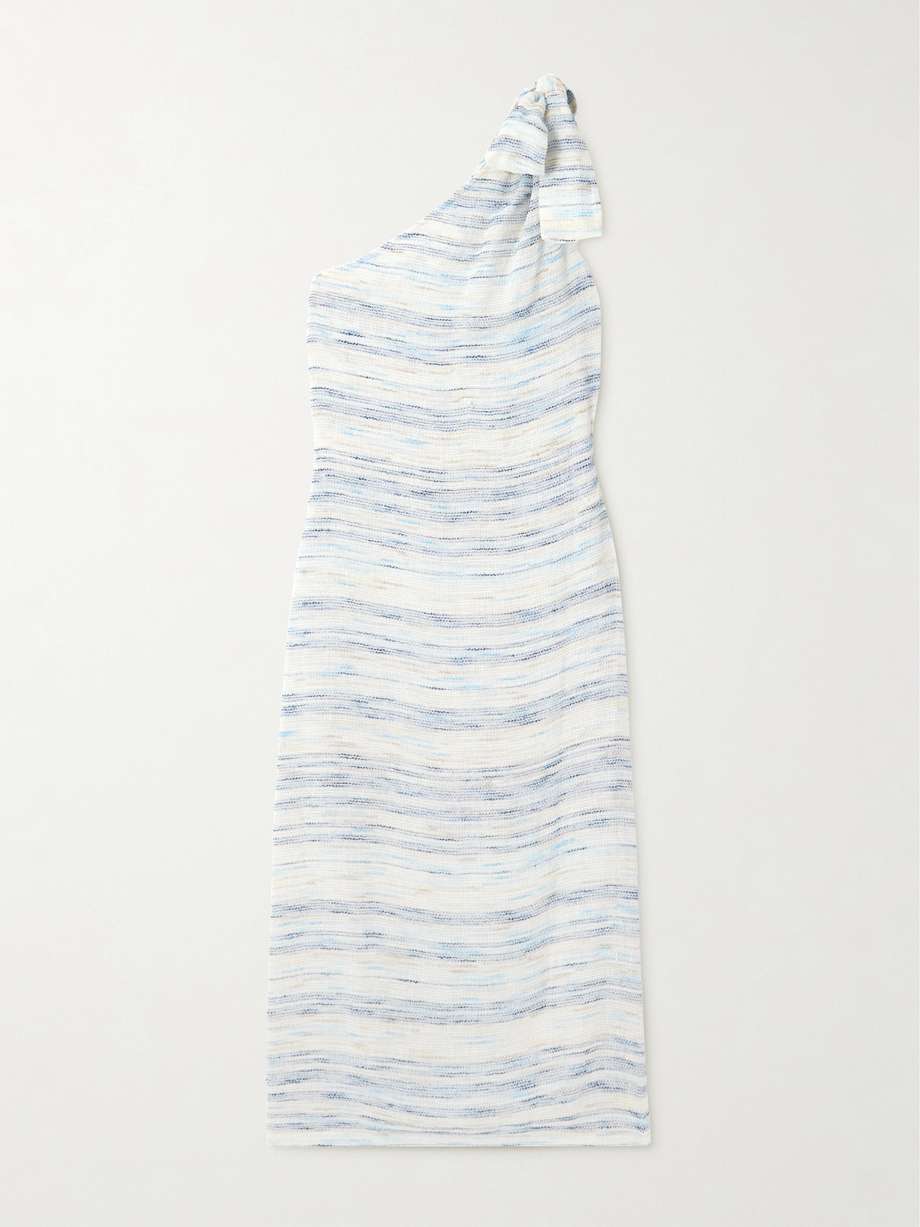 one-shoulder striped linen-blend gauze dress