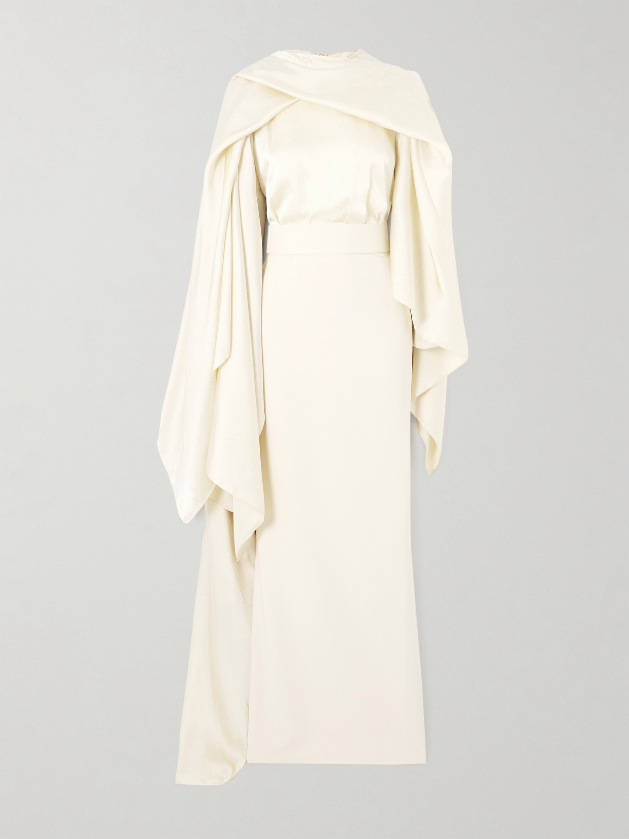 Solace London Rosalia Cape-effect Belted Satin And Crepe Gown In Ivory