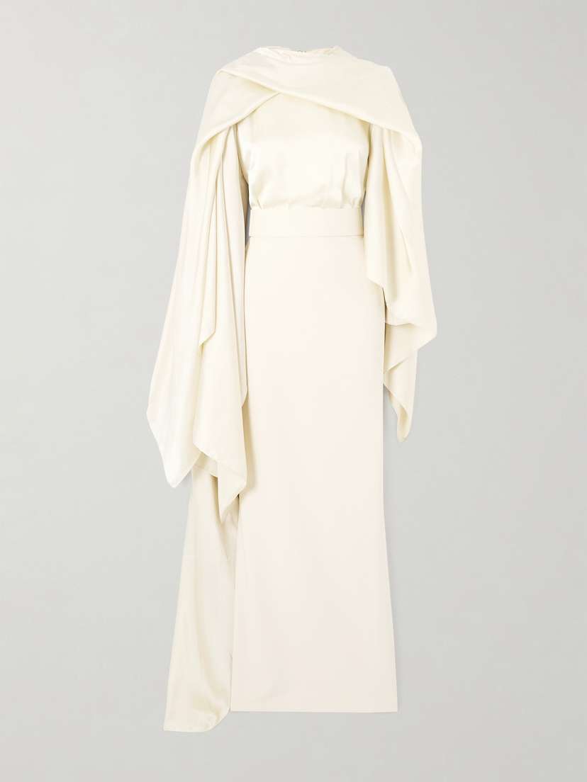 Solace London Rosalia Cape-effect Belted Satin And Crepe Gown