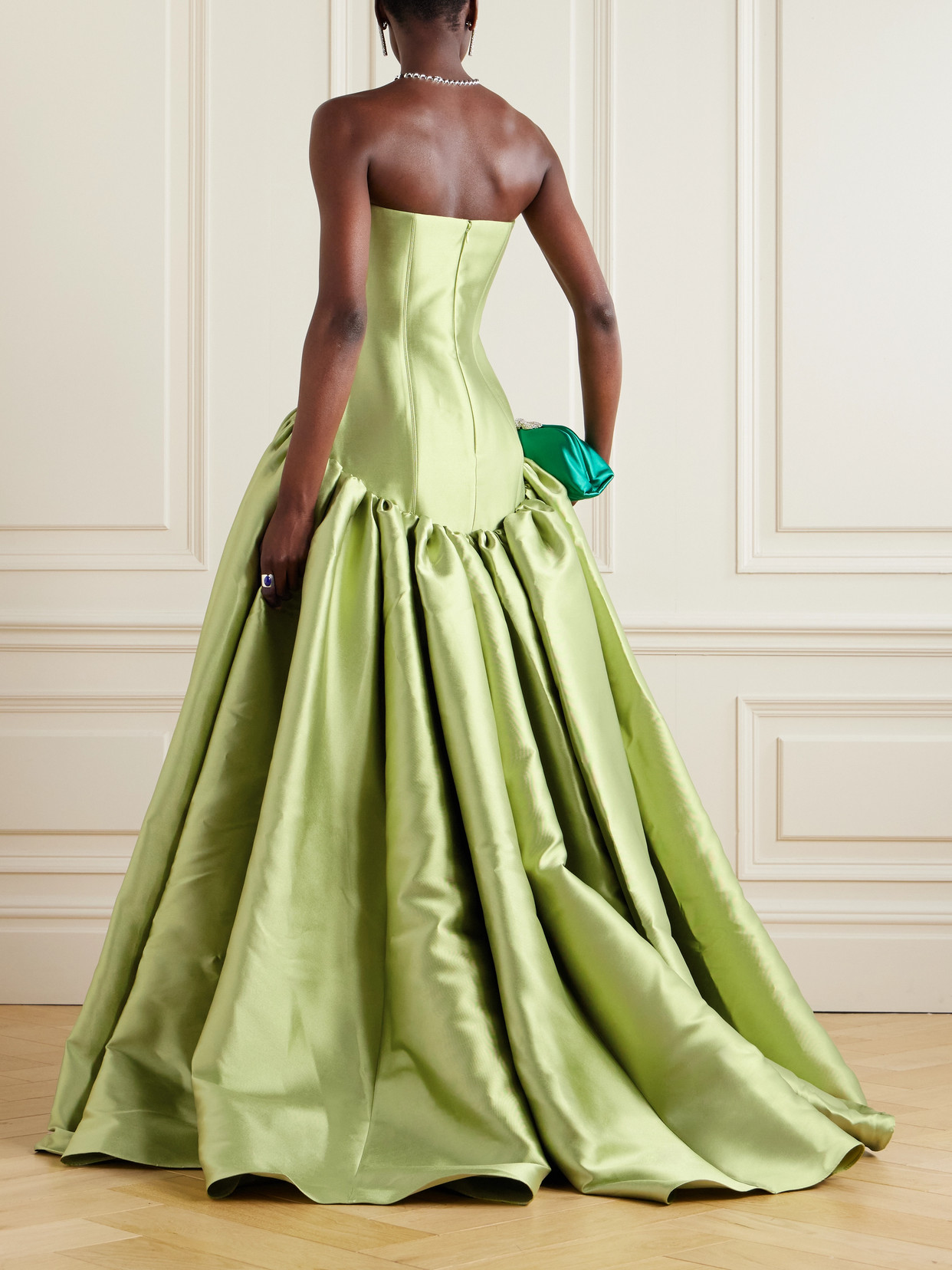 Solace London Cassia Strapless Pleated Satin-twill Gown In Green