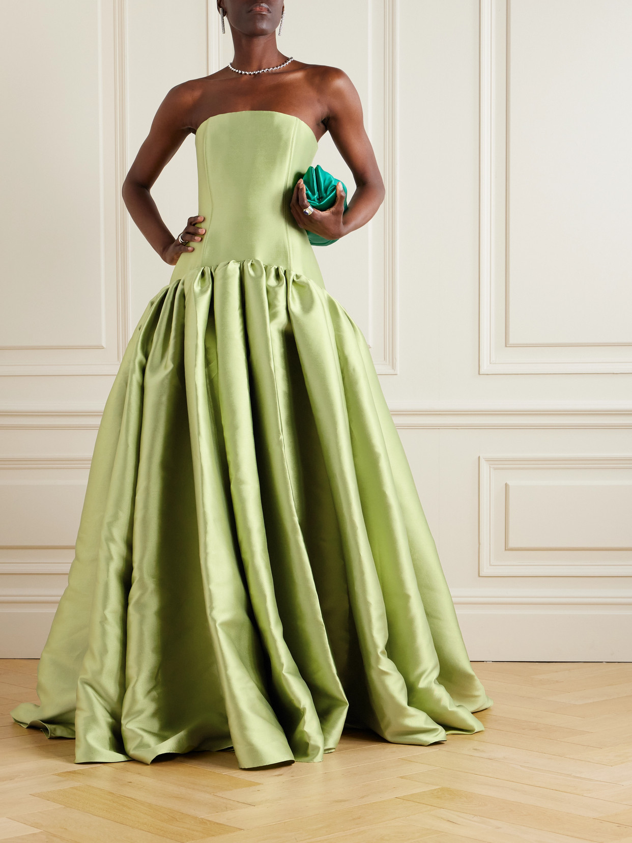 Solace London Cassia Strapless Pleated Satin-twill Gown In Green