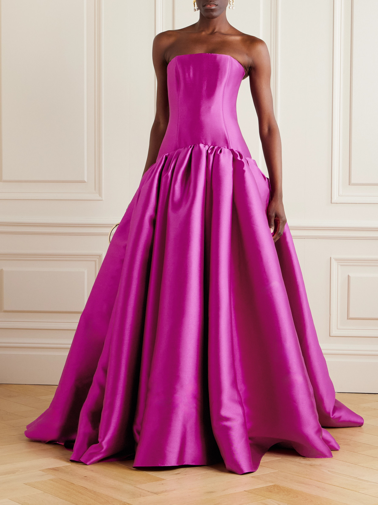Solace London Cassia Strapless Pleated Satin-twill Gown In Pink