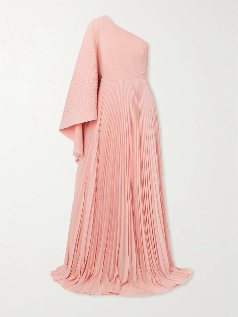 Solace London Maci One-shoulder Pleated Chiffon Gown