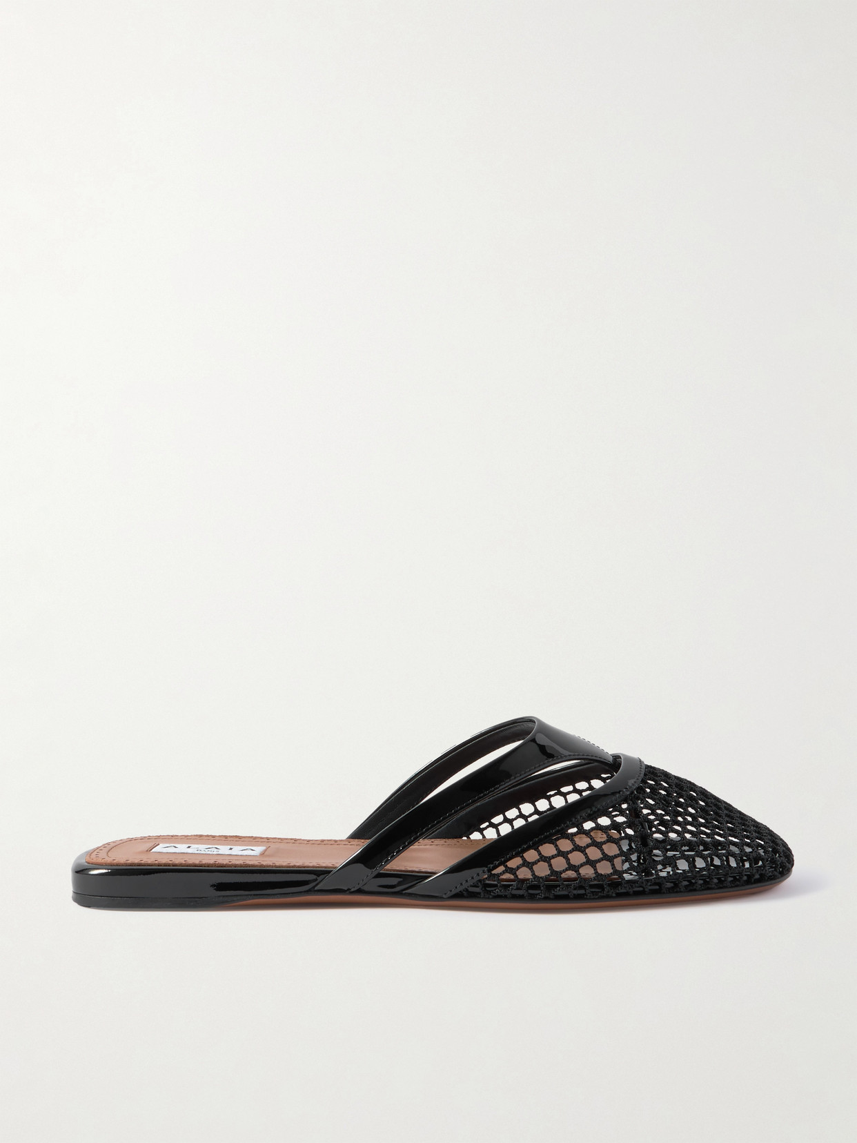 Shop Alaïa Patent-leather Trimmed Fishnet Mules In Black