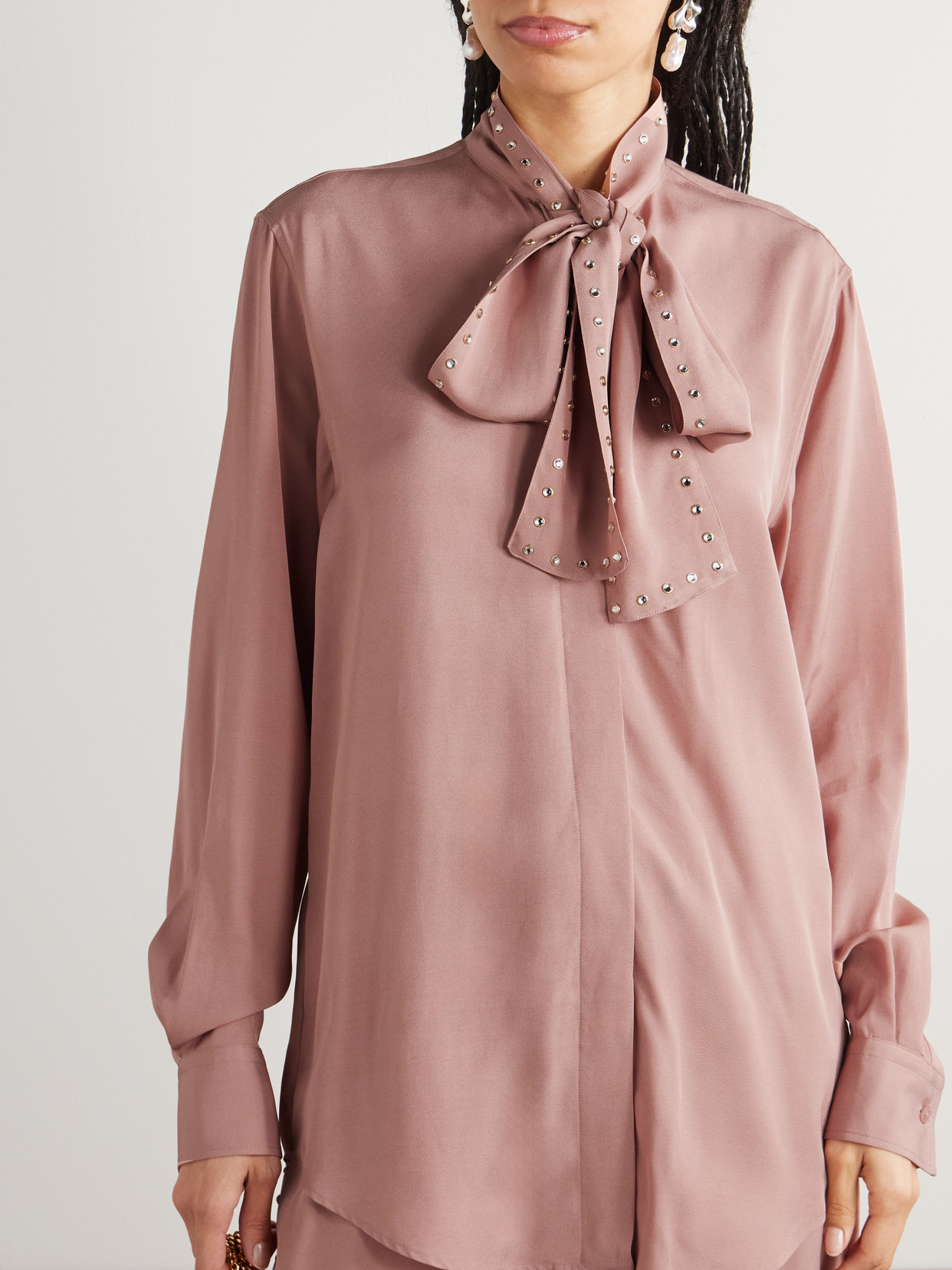 Pussy-Bow Crystal-Embellished Crepe Blouse