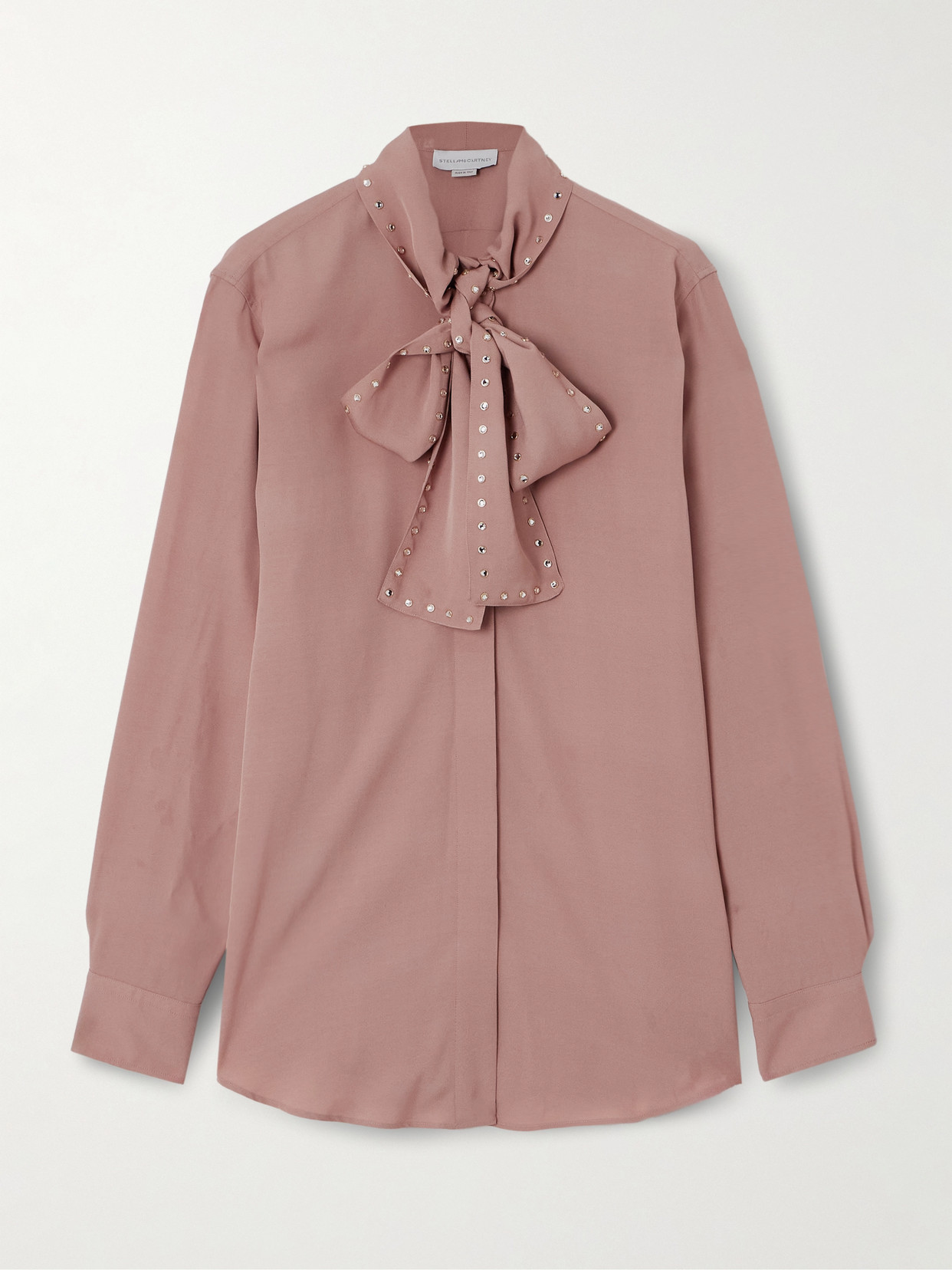 Stella Mccartney Pussy-bow Crystal-embellished Crepe Blouse In Pink
