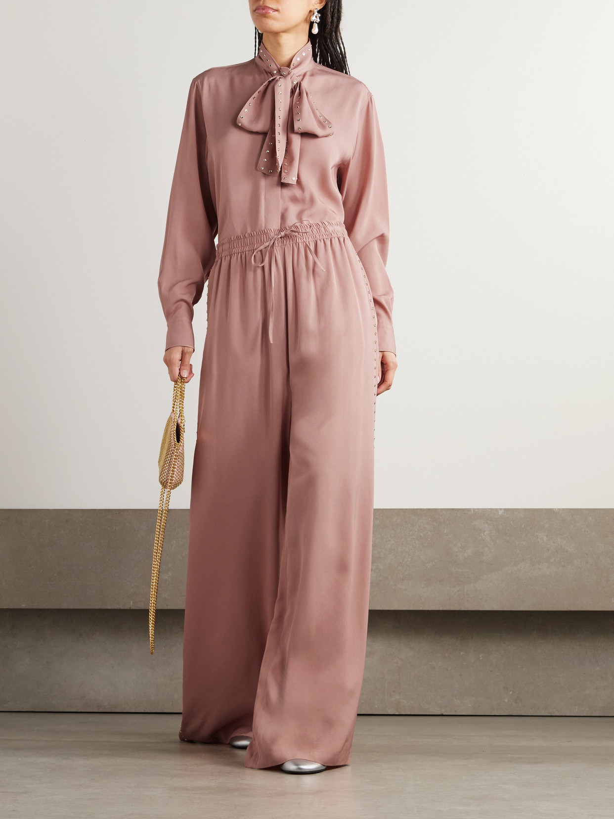 Pussy-Bow Crystal-Embellished Crepe Blouse