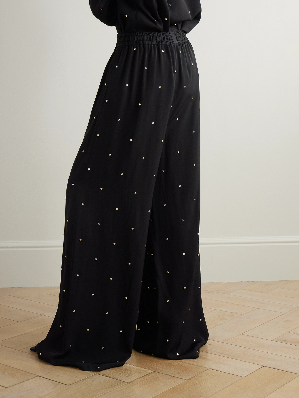 Stella Mccartney Crystal-embellished Crepe Wide-leg Pants In Black