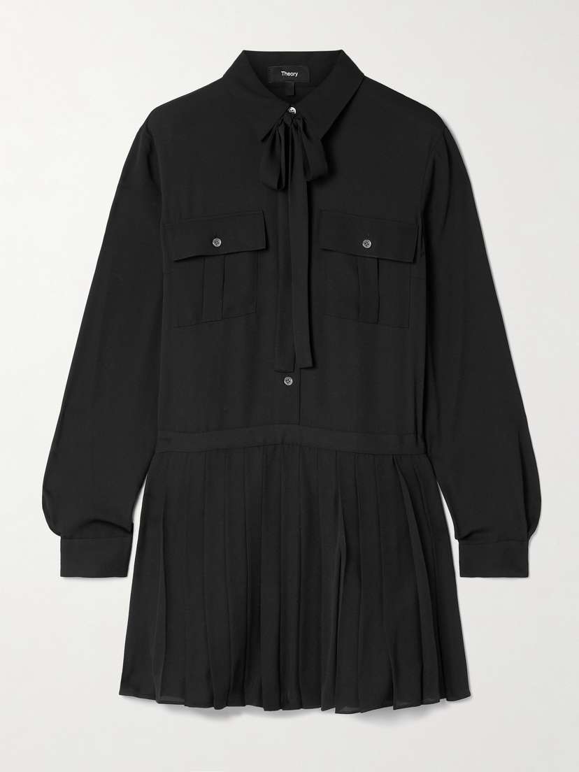 Theory Tie-neck Pleated Crepe De Chine Mini Dress