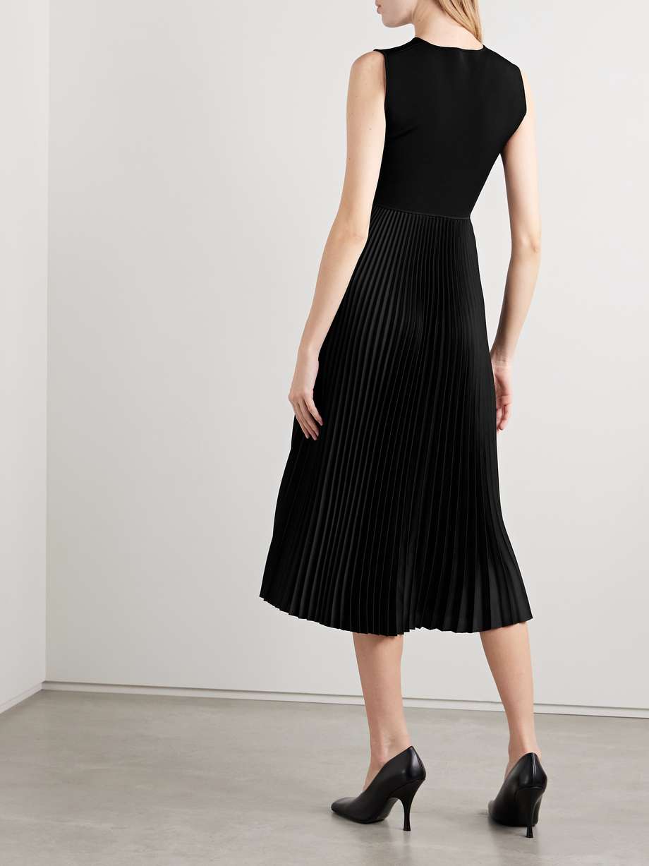 stretch-knit and plissé-satin midi dress