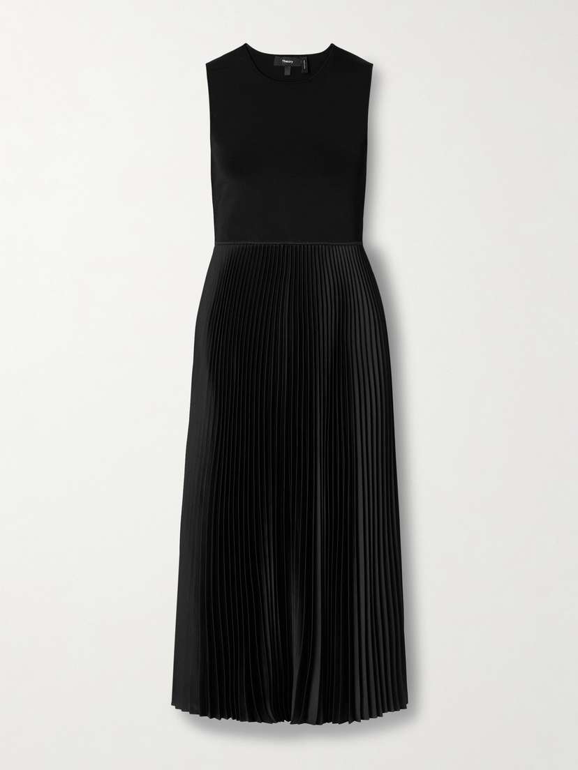 Theory Stretch-knit And Plissé-satin Midi Dress