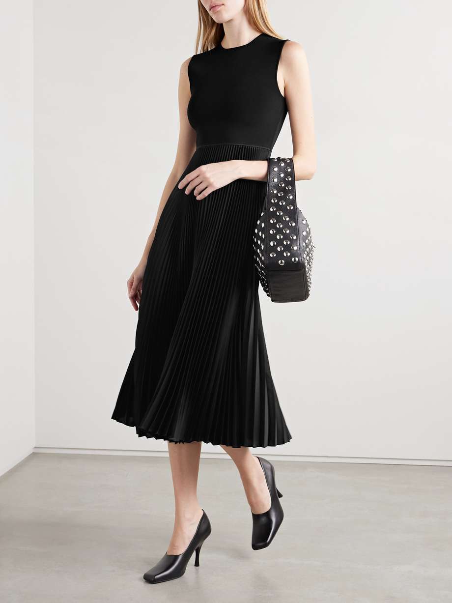 stretch-knit and plissé-satin midi dress