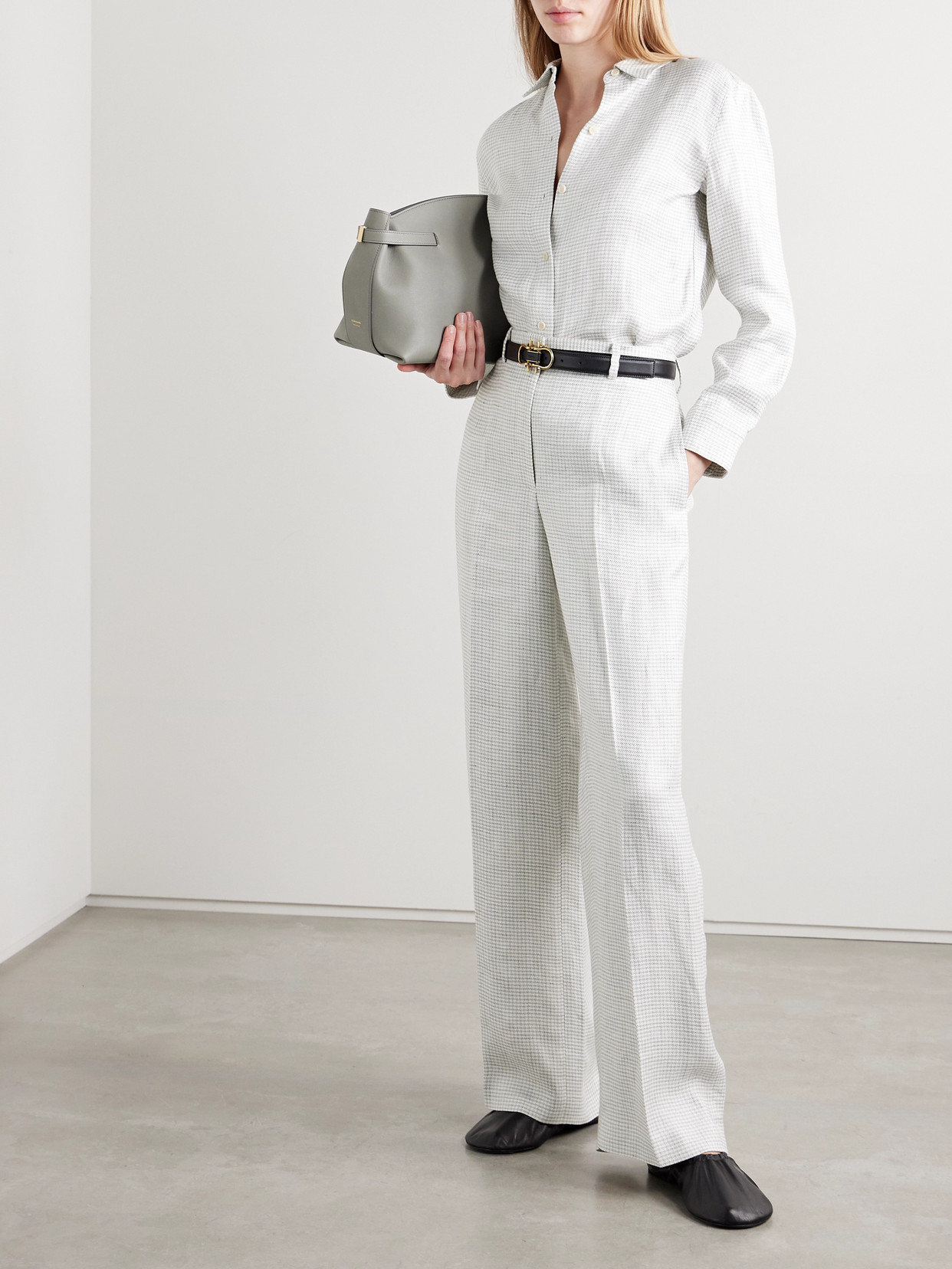 THEORY HOUNDSTOOTH LINEN-BLEND WIDE-LEG PANTS