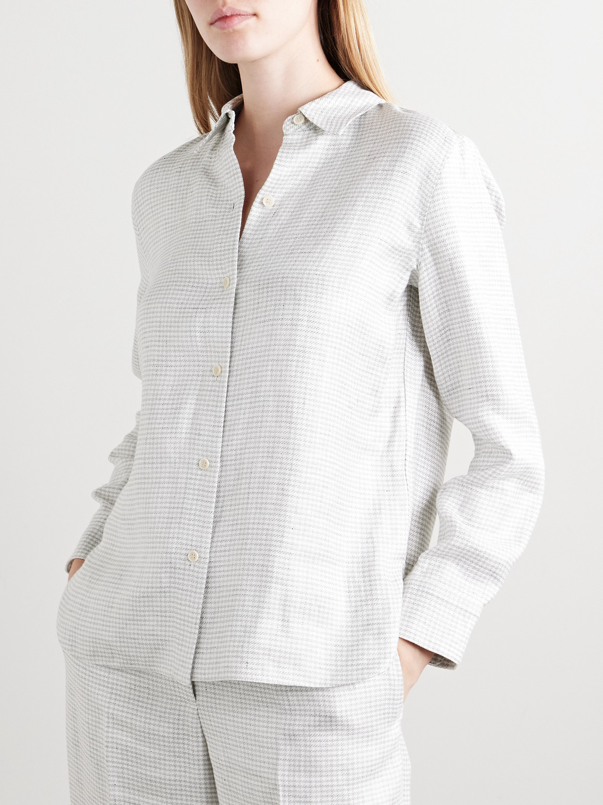 Theory Houndstooth Linen-blend Shirt In Gray