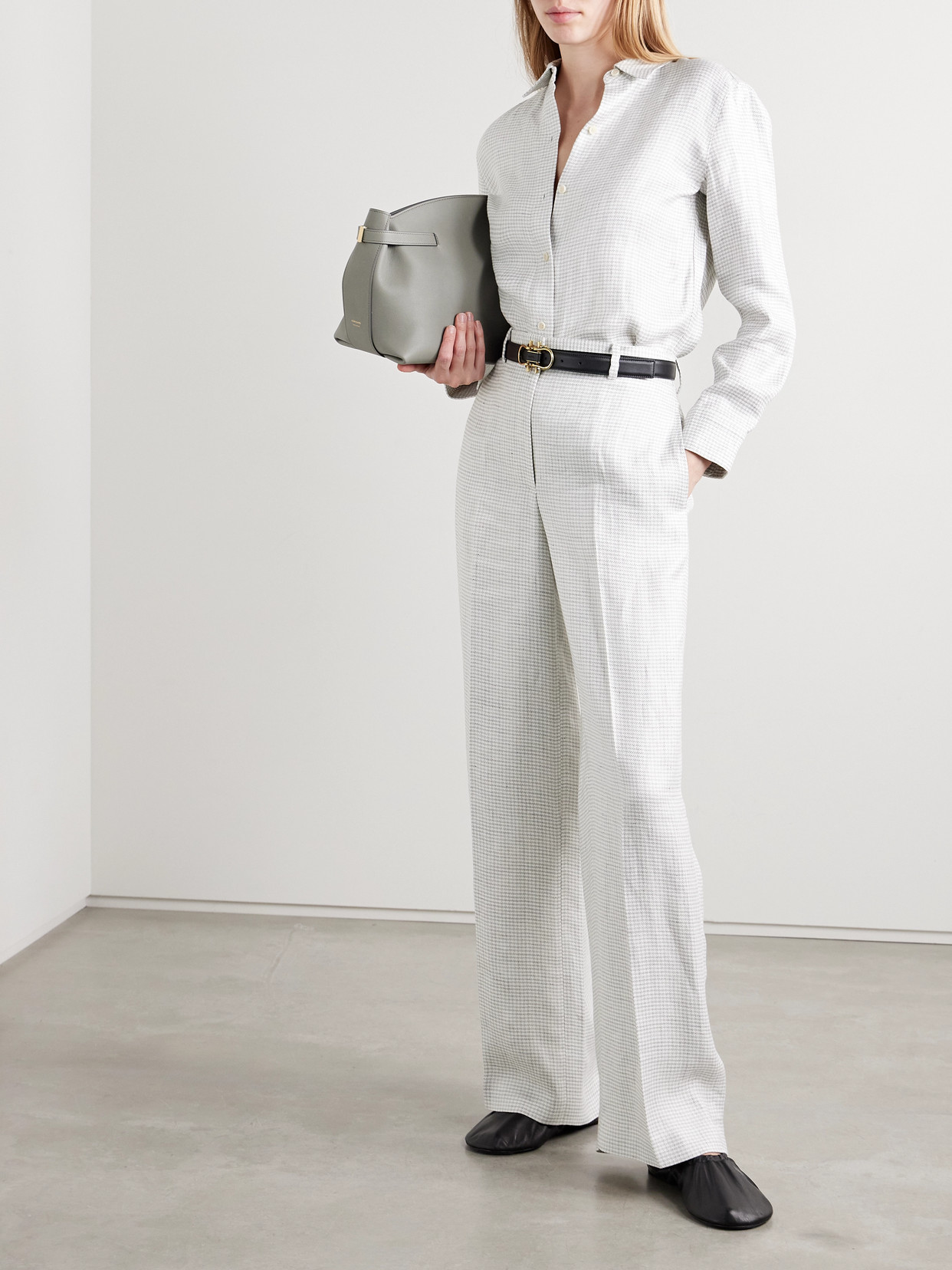 Theory Houndstooth Linen-blend Shirt In Gray