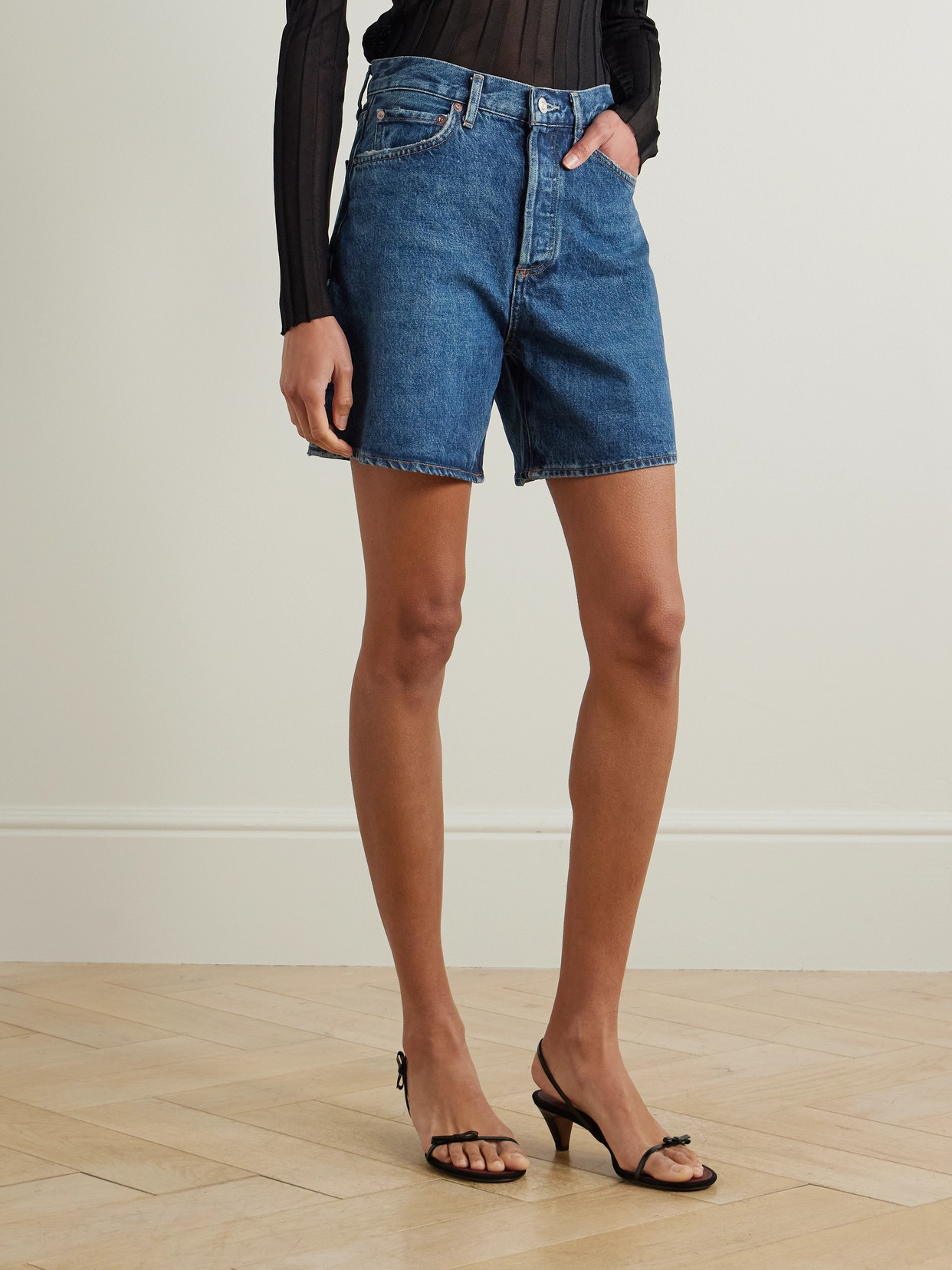 Agolde Dame High Waist Mid Length Relaxed Denim Shorts In Blue