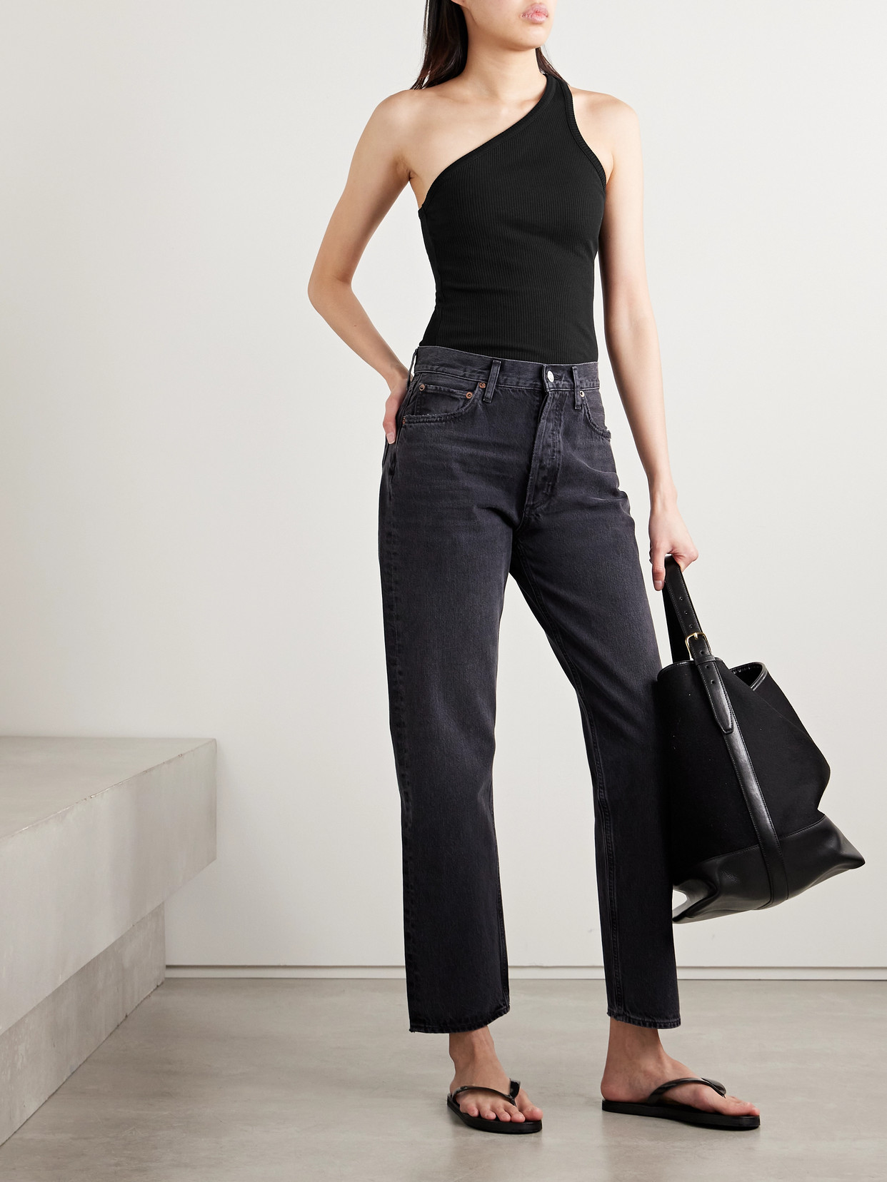 Shop Agolde Verica One-shoulder Ribbed-knit Tank In Black