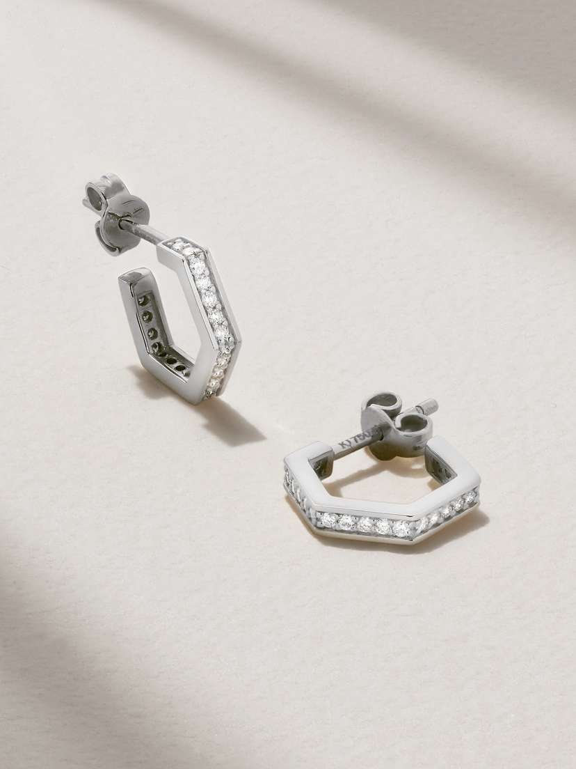 KOLOURS JEWELRY Hexagon Small 18-karat White Gold Diamond Hoop Earrings