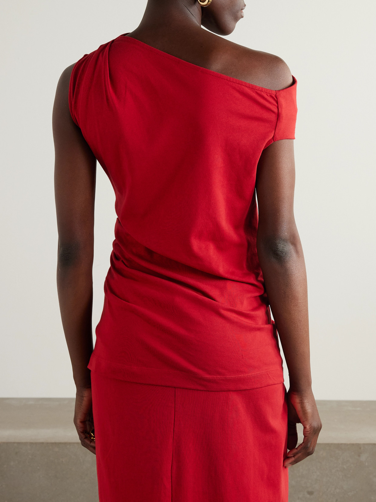 Shop Dries Van Noten Off-the-shoulder Draped Cotton-jersey Top In Red