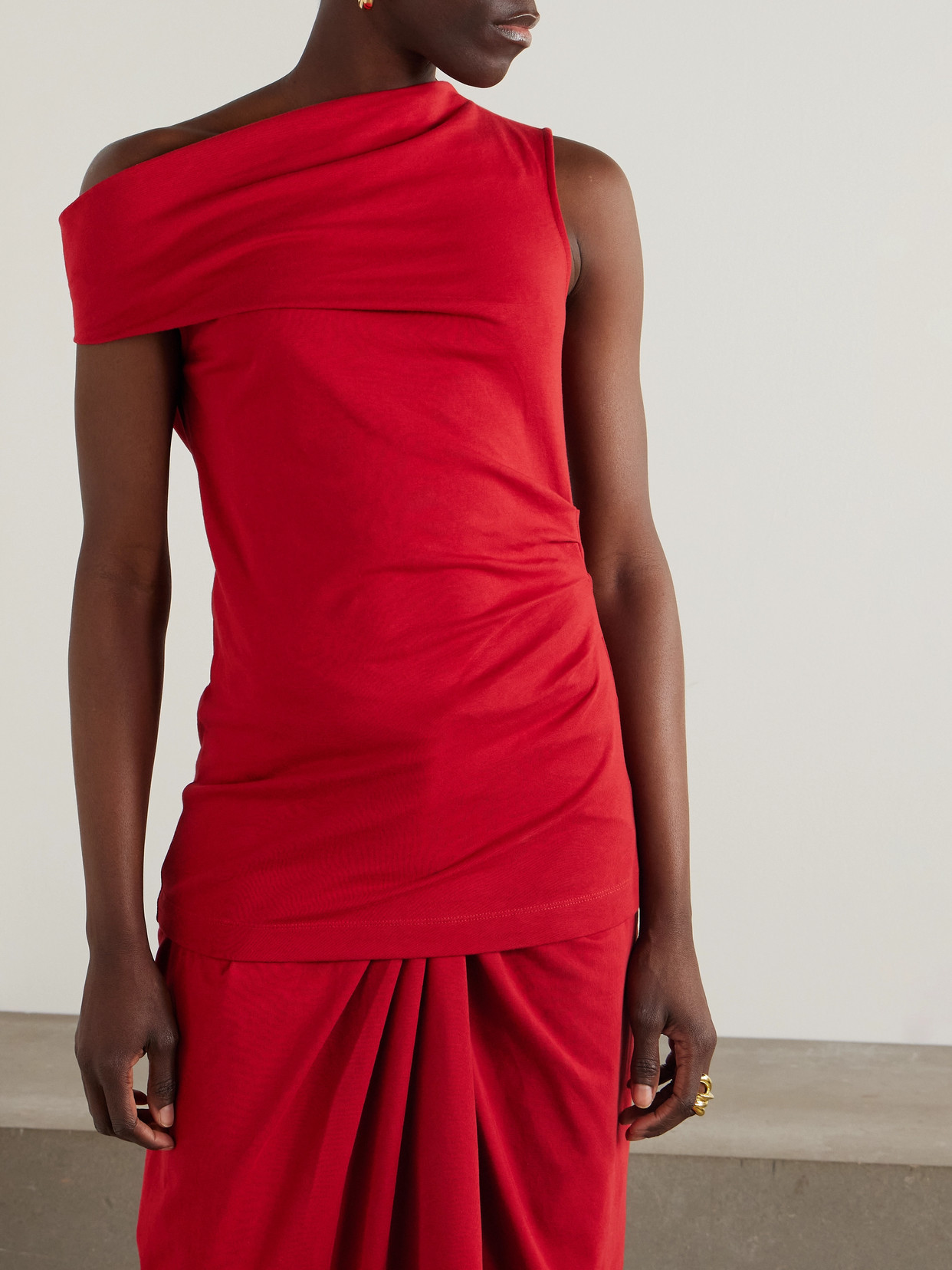 Shop Dries Van Noten Off-the-shoulder Draped Cotton-jersey Top In Red
