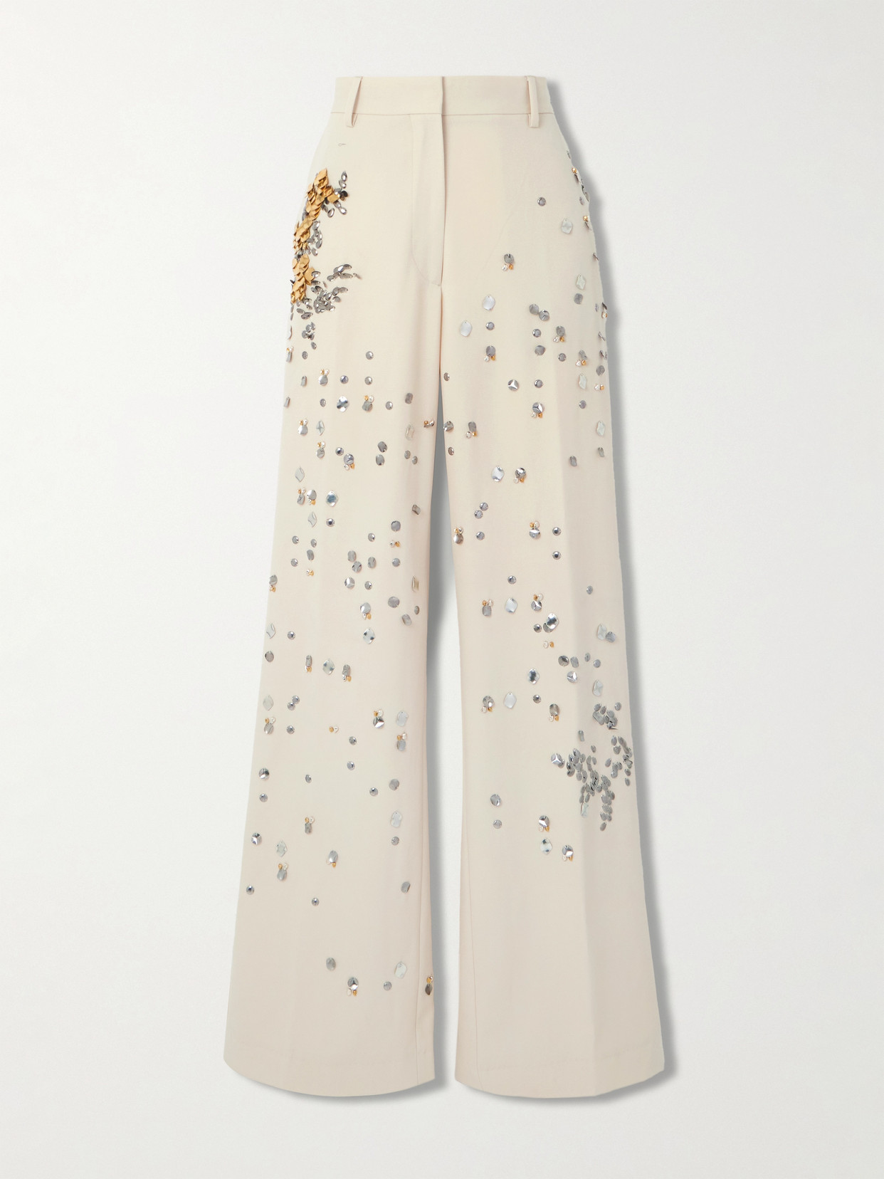 Dries Van Noten Embellished Wool-twill Wide-leg Pants In Cream