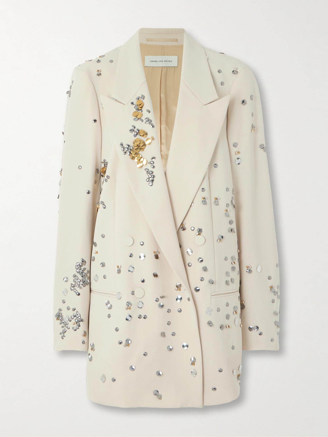 Dries Van Noten Double-breasted Embellished Wool-twill Blazer In Cream