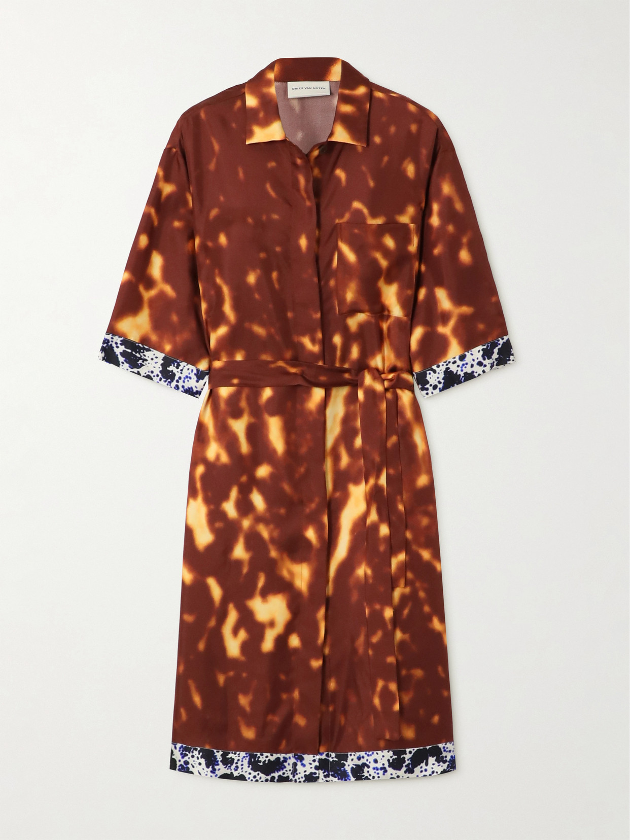 Dries Van Noten - Belted Printed Silk-twill Mini Shirt Dress - Orange