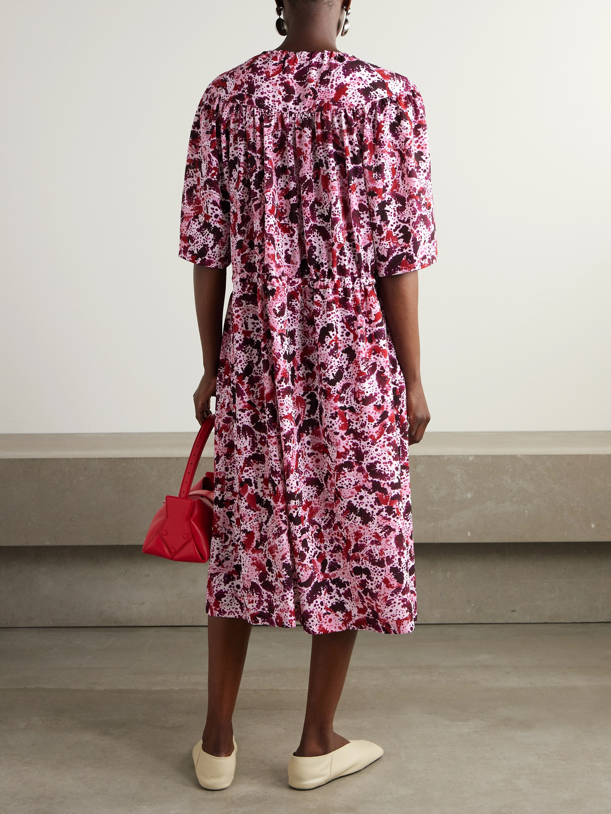 Shop Dries Van Noten Gathered Printed Crepe Midi Dress In Pink