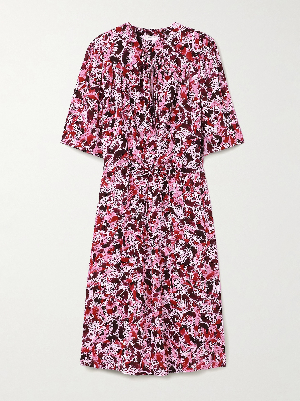 Dries Van Noten Gathered Printed Crepe Midi Dress In Pink