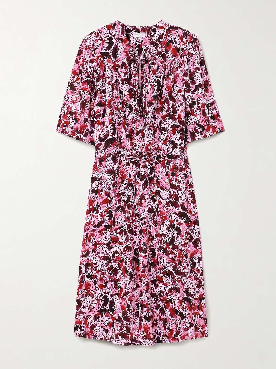 gathered printed crepe midi dress
