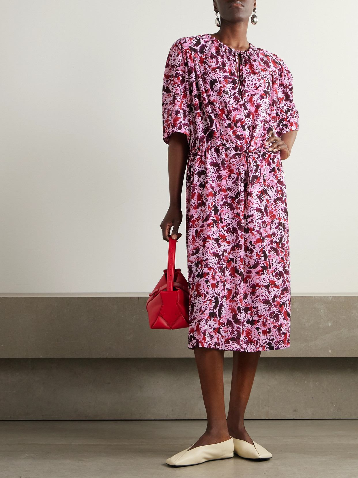 Shop Dries Van Noten Gathered Printed Crepe Midi Dress In Pink