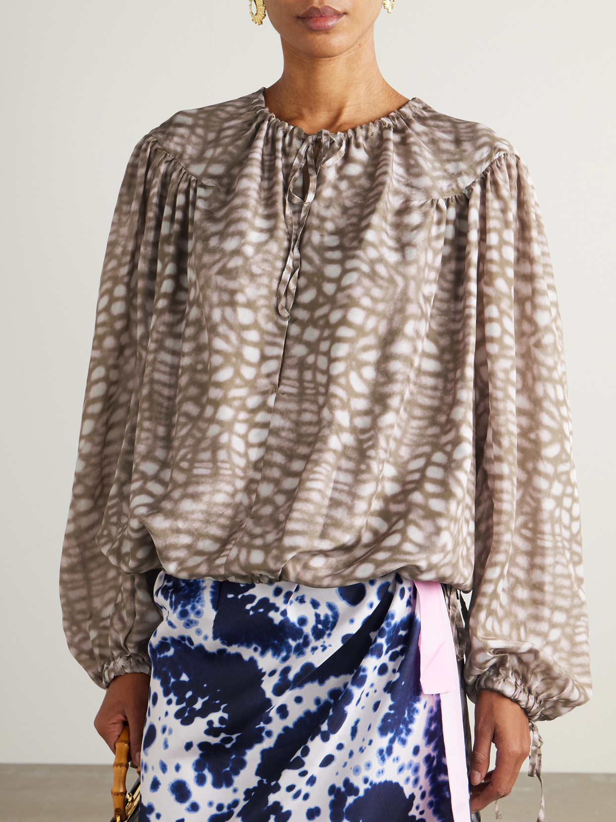Shop Dries Van Noten Printed Silk-satin Blouse In Neutrals
