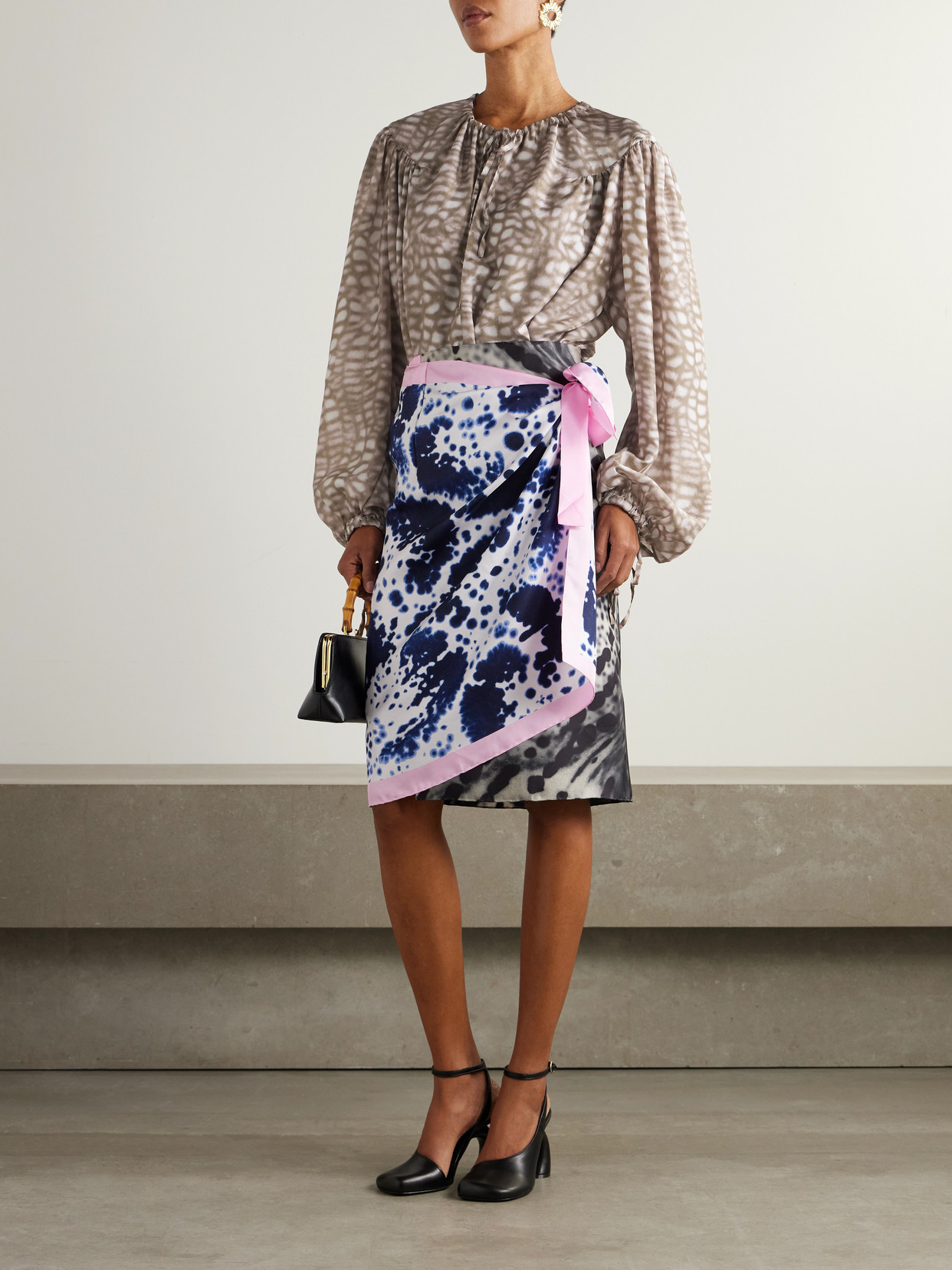Shop Dries Van Noten Printed Silk-satin Blouse In Neutrals