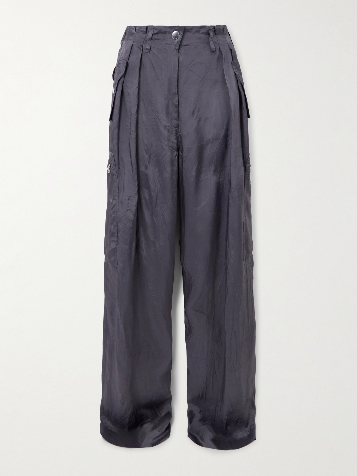 Dries Van Noten Pleated Crinkled Satin-twill Wide-leg Cargo Pants In Gray