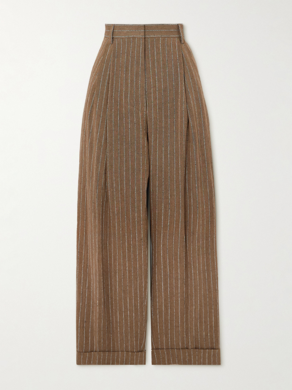 Dries Van Noten Pleated Striped Linen-blend Straight-leg Pants In Brown