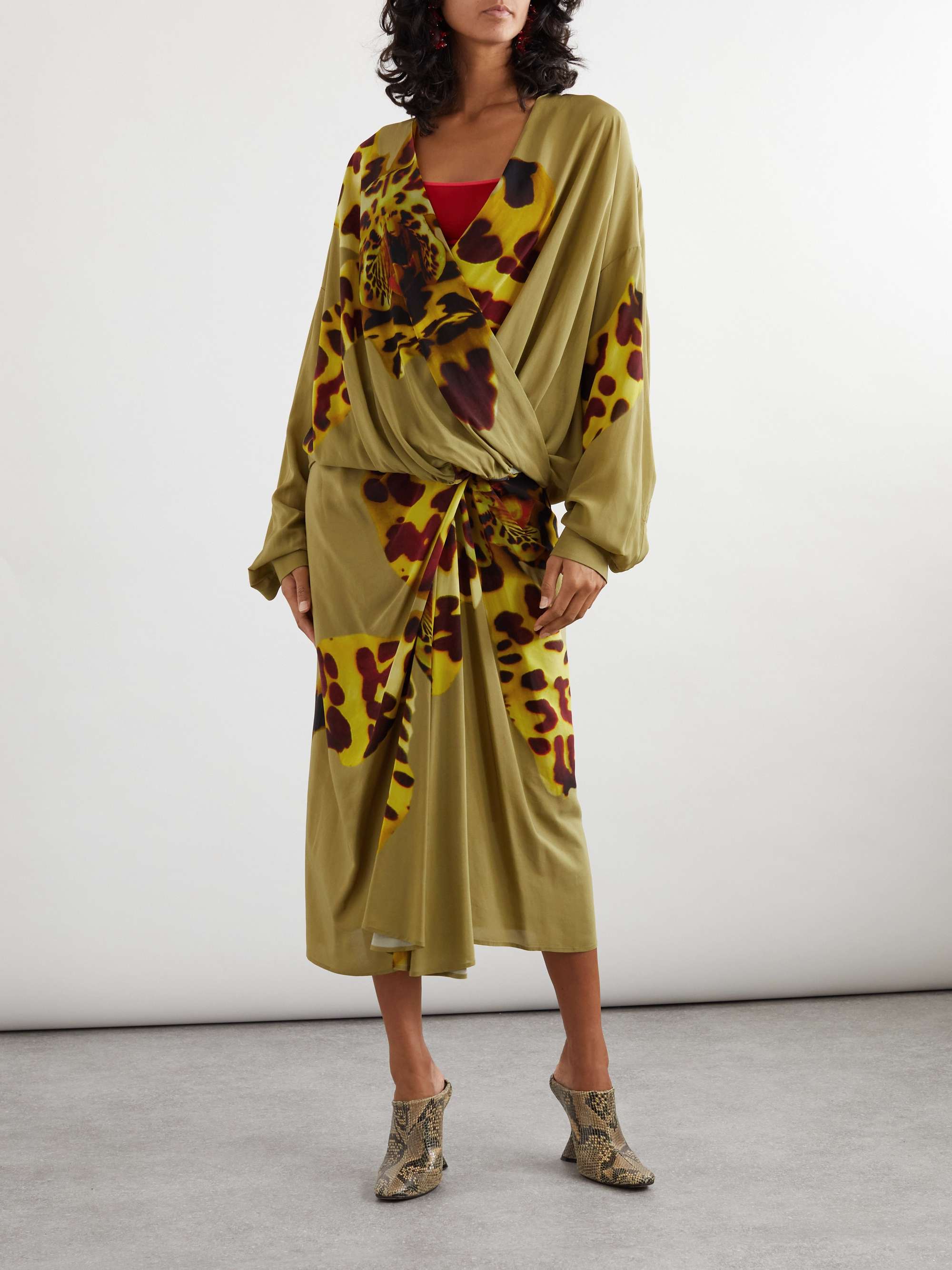 【初回限定】 NOTEN VAN DRIES Gathered midi satin wrap-effect printed スカート