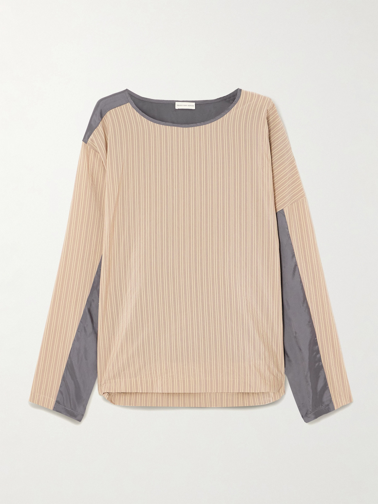 Dries Van Noten Paneled Striped Poplin And Satin Top In Neutrals