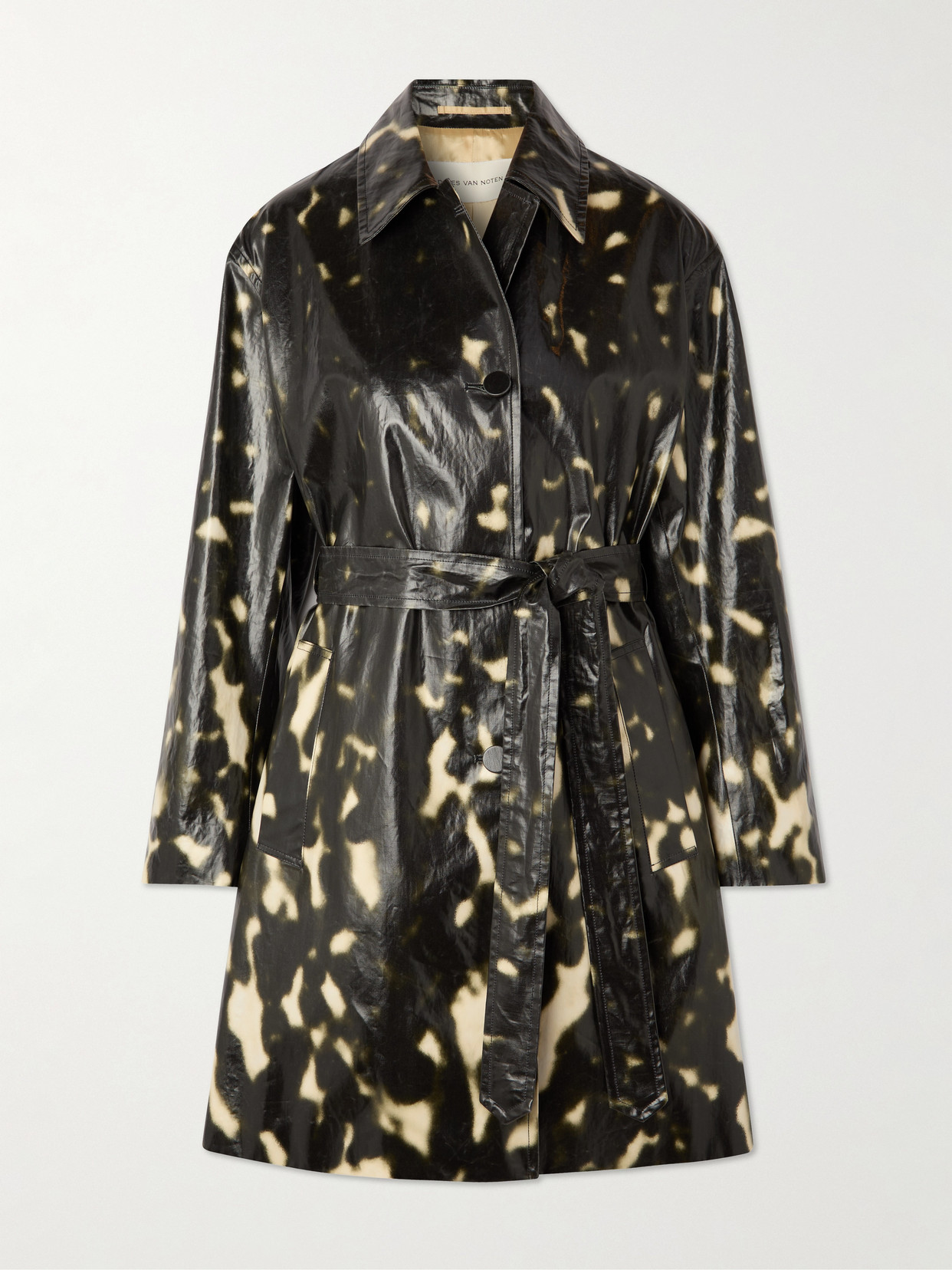 Dries Van Noten Belted Printed Coated Cotton-canvas Trench Coat In Black