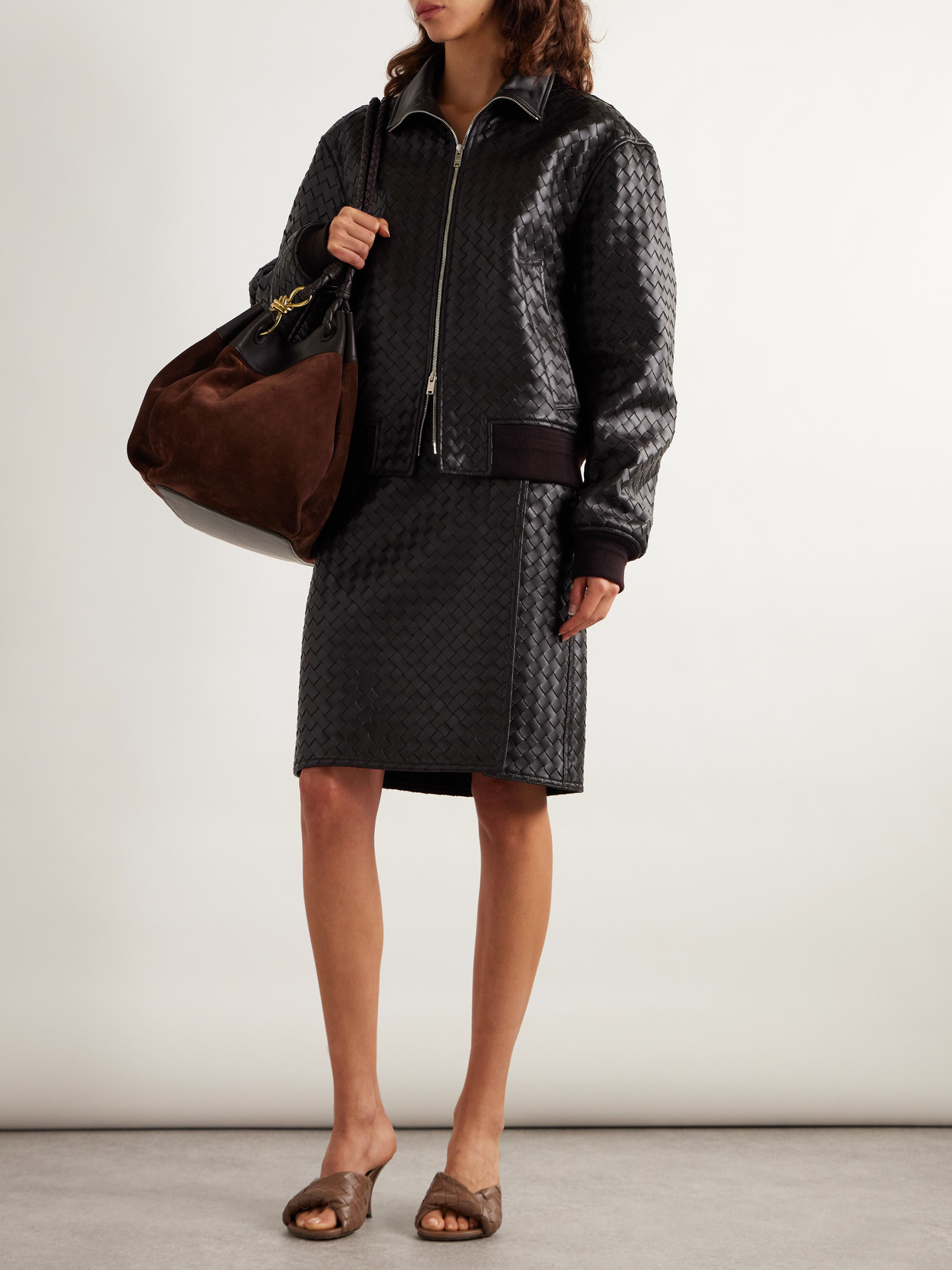 Bottega Veneta Intrecciato Leather Bomber Jacket In Brown