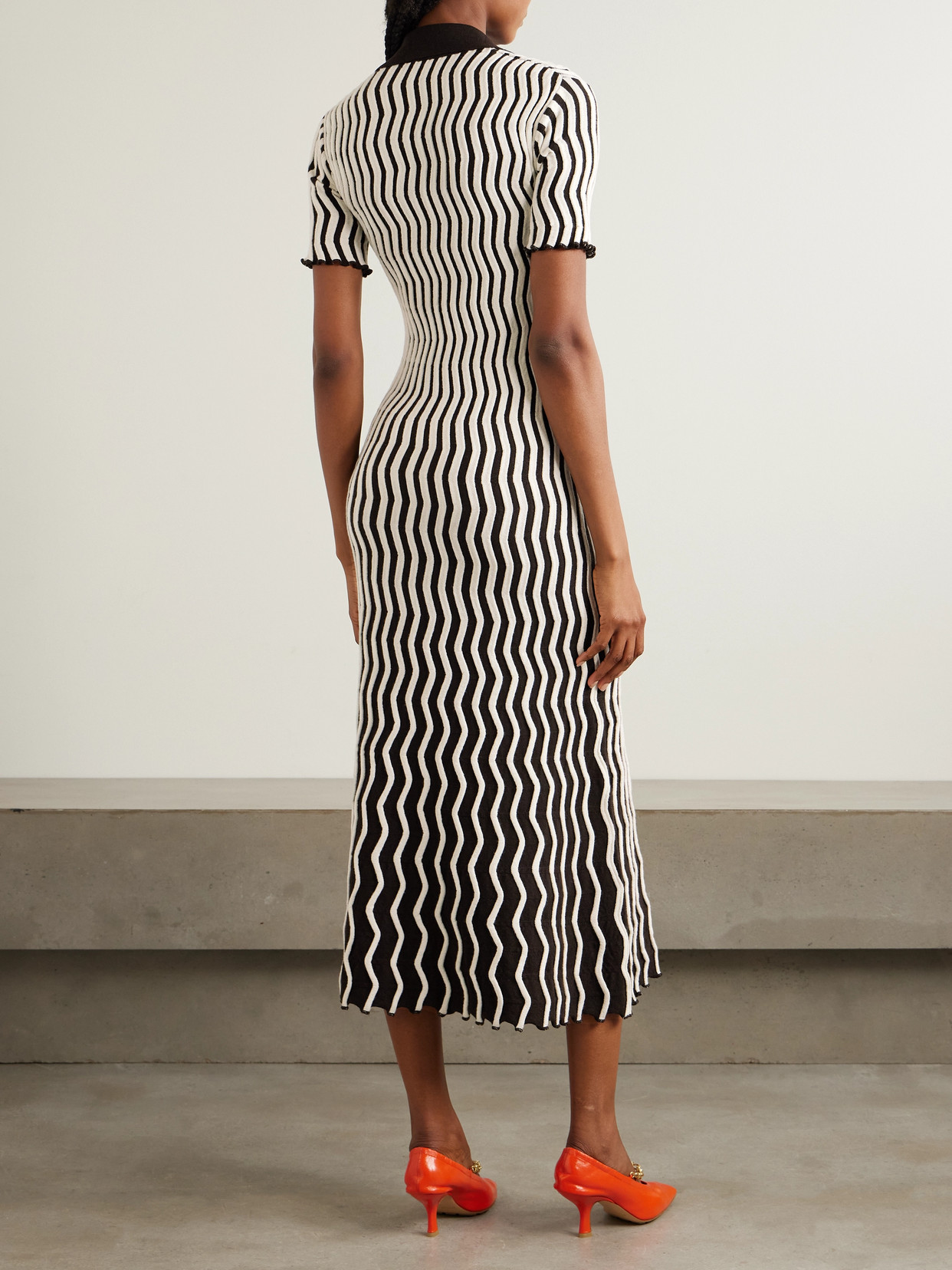 BOTTEGA VENETA STRIPED RIBBED WOOL MIDI DRESS 