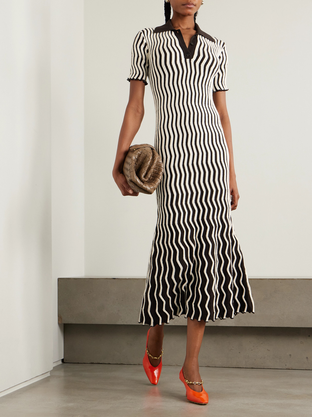 BOTTEGA VENETA STRIPED RIBBED WOOL MIDI DRESS 